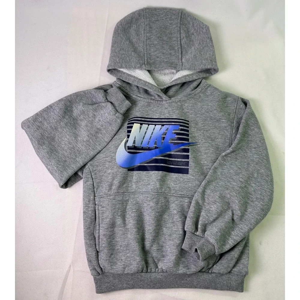 NIKE Pullover Hoodie Boys Grey Heather Blue Striped Swoosh Logo Fleece Size 7 LG